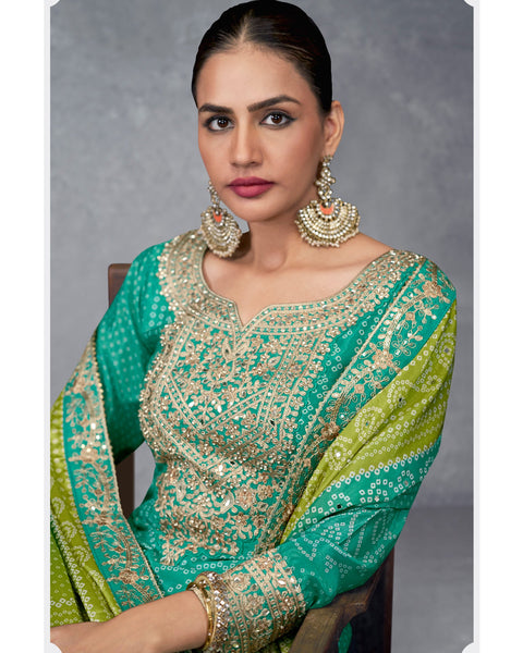 Green Bandhni Print Bridal Readymade Woman Salwar Suit With Mirror & Zari Work & Bandhni Dupatta