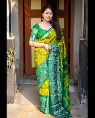 Parrot Green Soft Jute Silk Bandhni Print Saree With Dark Green Blouse