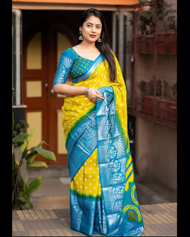 Yellow Blue Soft Jute Silk Bandhni Print Saree With Blue Blouse