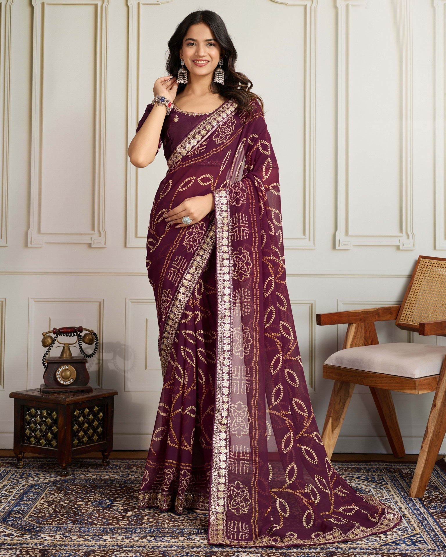 Wine Bandhni Print Georgette Women Saree With Embroidered Art Silk Blouse