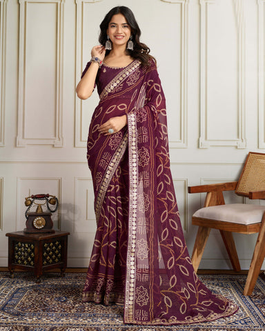 Wine Bandhni Print Georgette Women Saree With Embroidered Art Silk Blouse