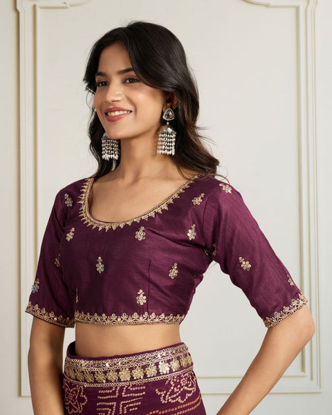 Wine Bandhni Print Georgette Women Saree With Embroidered Art Silk Blouse