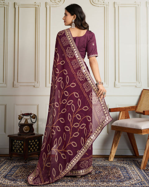 Wine Bandhni Print Georgette Women Saree With Embroidered Art Silk Blouse