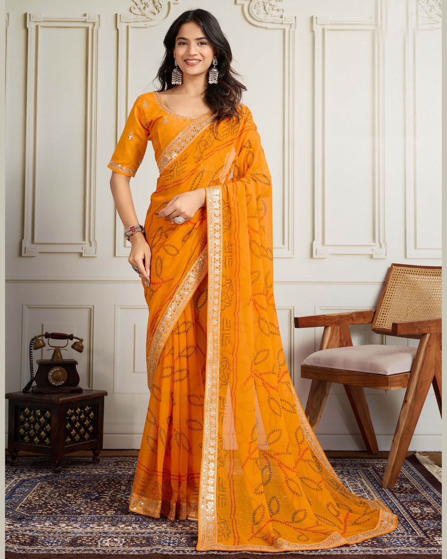 Yellow Bandhni Print Georgette Women Saree With Embroidered Art Silk Blouse