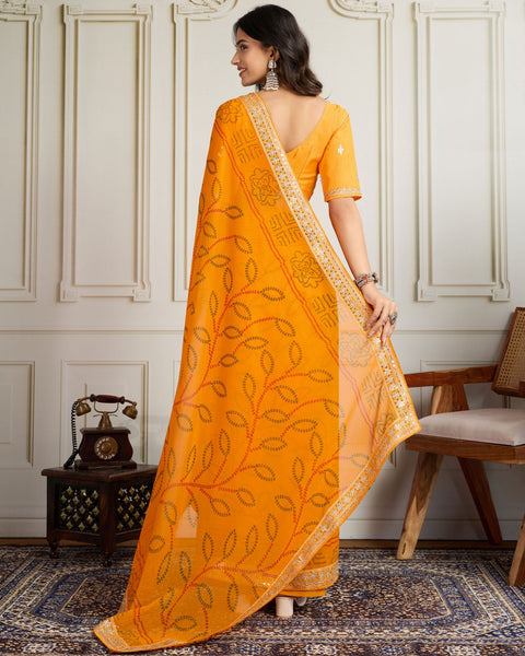 Yellow Bandhni Print Georgette Women Saree With Embroidered Art Silk Blouse