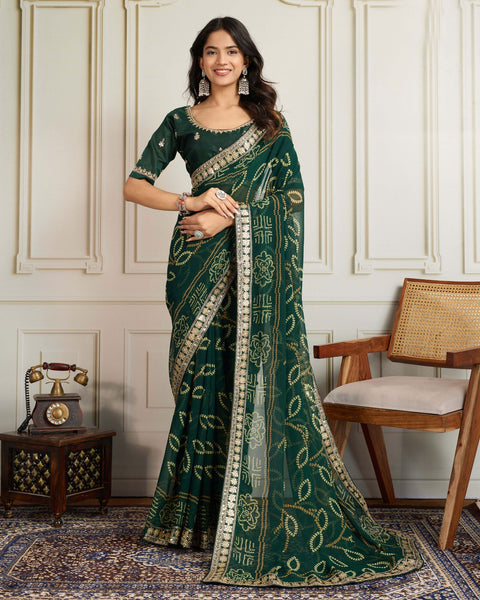 Green Bandhni Print Georgette Women Saree With Embroidered Art Silk Blouse