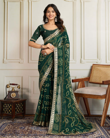 Green Bandhni Print Georgette Women Saree With Embroidered Art Silk Blouse