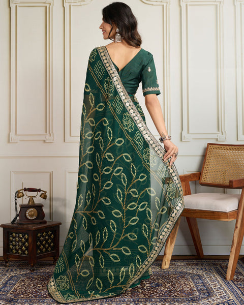 Green Bandhni Print Georgette Women Saree With Embroidered Art Silk Blouse