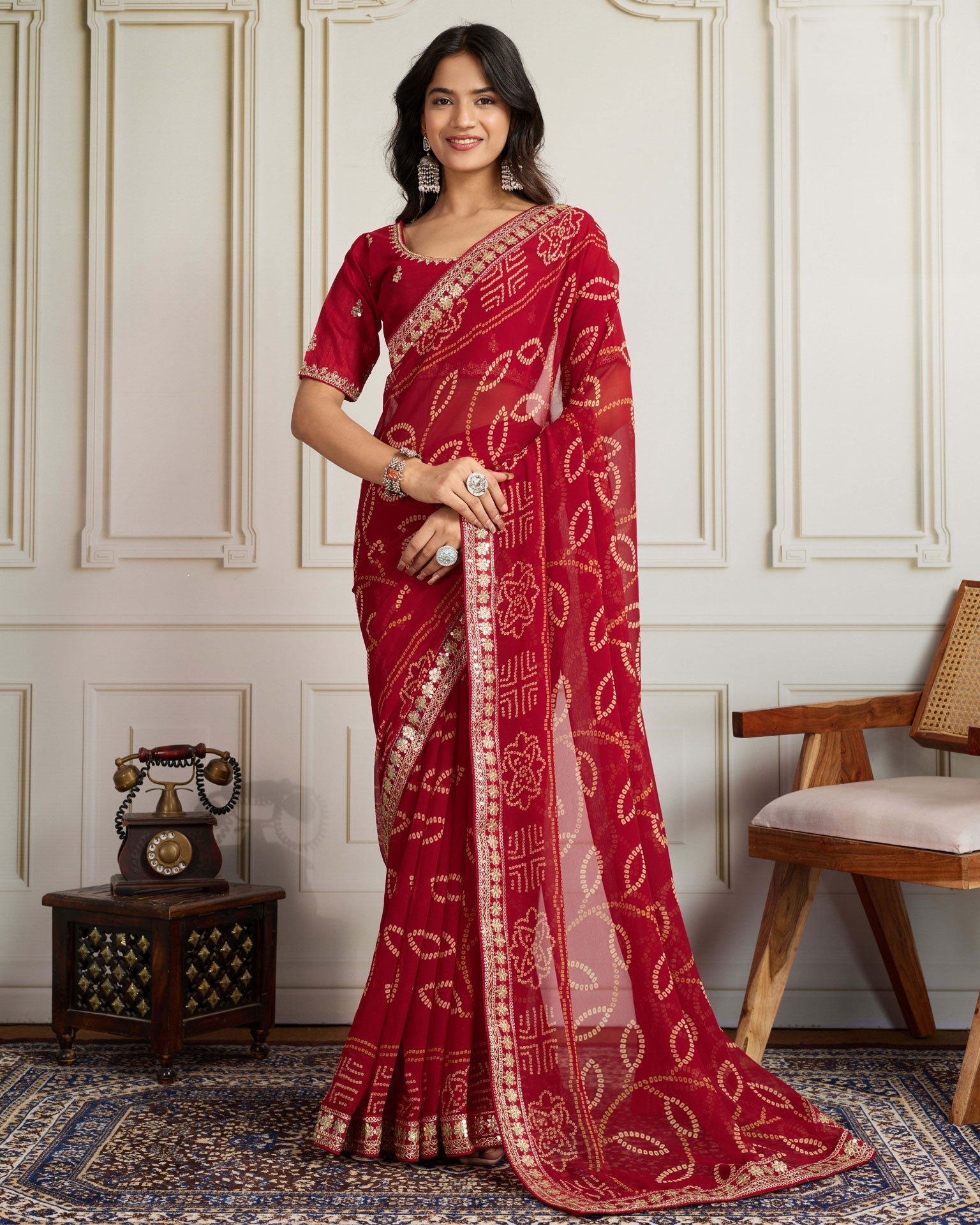 Maroon Bandhni Print Georgette Women Saree With Embroidered Art Silk Blouse