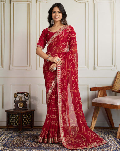 Maroon Bandhni Print Georgette Women Saree With Embroidered Art Silk Blouse