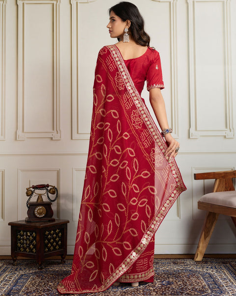 Maroon Bandhni Print Georgette Women Saree With Embroidered Art Silk Blouse