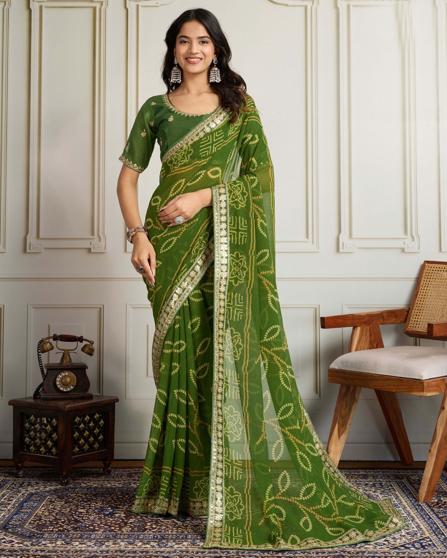 Mahendi Green Bandhni Print Georgette Women Saree With Embroidered Art Silk Blouse