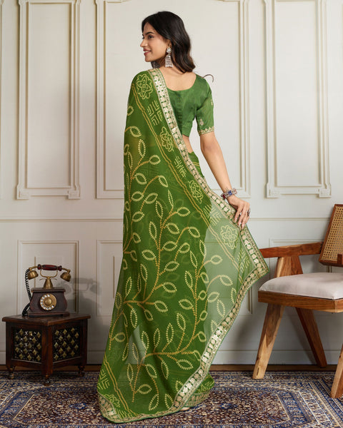Mahendi Green Bandhni Print Georgette Women Saree With Embroidered Art Silk Blouse