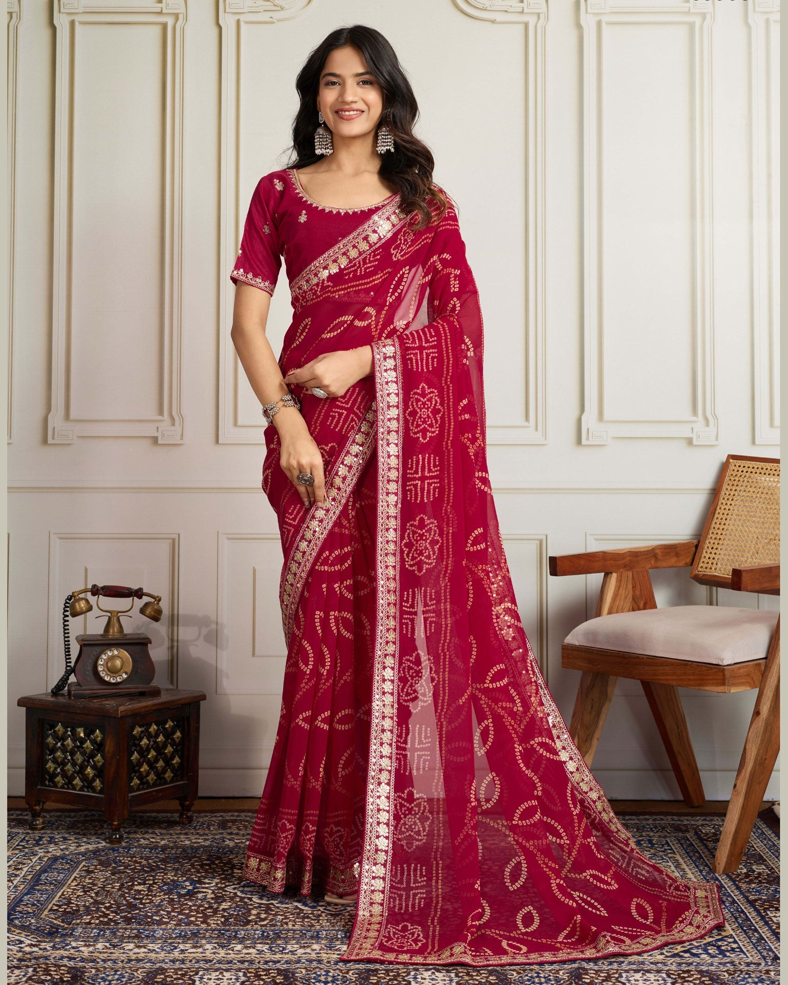 Pink Bandhni Print Georgette Women Saree With Embroidered Art Silk Blouse