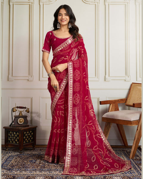 Pink Bandhni Print Georgette Women Saree With Embroidered Art Silk Blouse