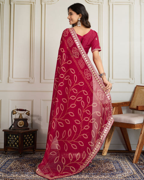 Pink Bandhni Print Georgette Women Saree With Embroidered Art Silk Blouse