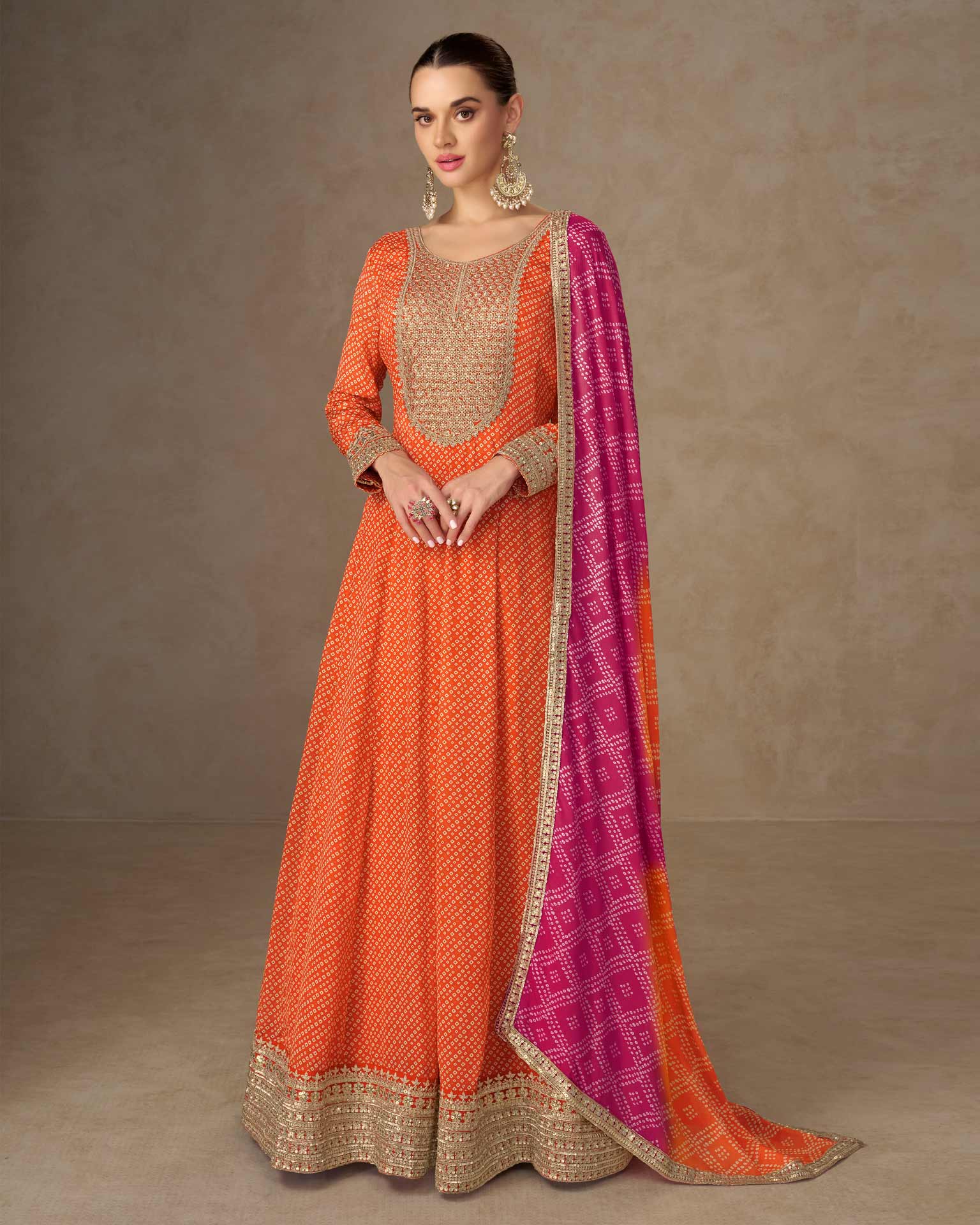 Orange Chinnon Women Readymade Anarkali Frock Suit With Pink Bandhni Dupatta