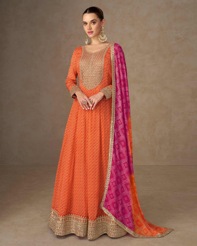 Orange Chinnon Women Readymade Anarkali Frock Suit With Pink Bandhni Dupatta