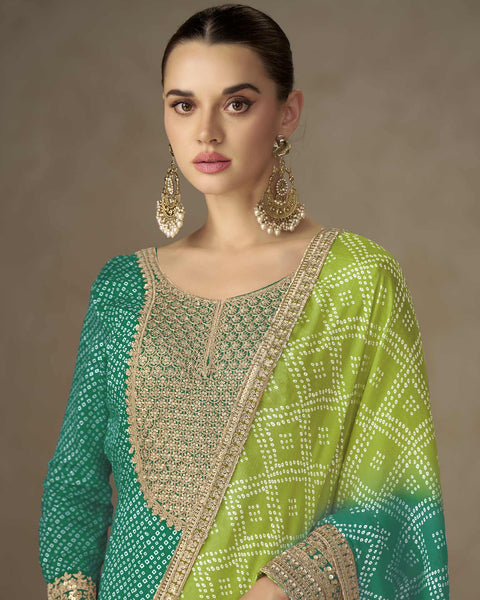 Green Chinnon Women Readymade Anarkali Frock Suit With Parrot Green Bandhni Dupatta
