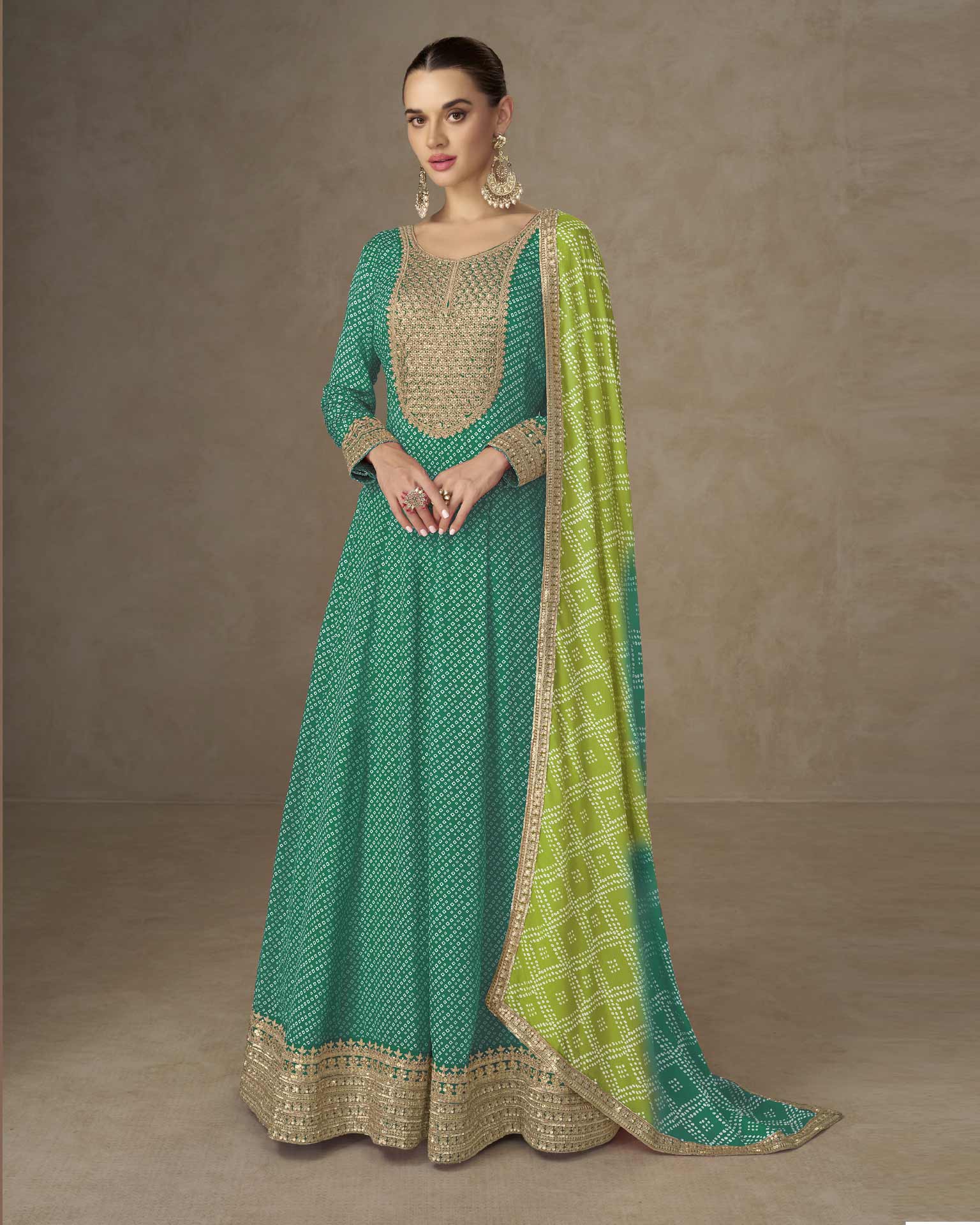 Green Chinnon Women Readymade Anarkali Frock Suit With Parrot Green Bandhni Dupatta