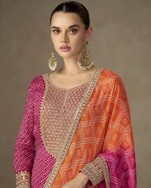 Pink Chinnon Women Readymade Anarkali Frock Suit With Orange Bandhni Dupatta