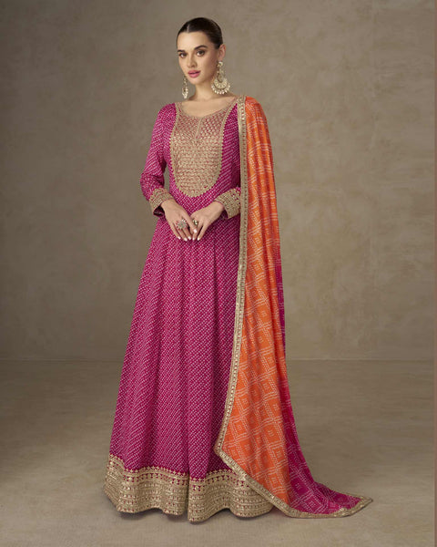 Pink Chinnon Women Readymade Anarkali Frock Suit With Orange Bandhni Dupatta