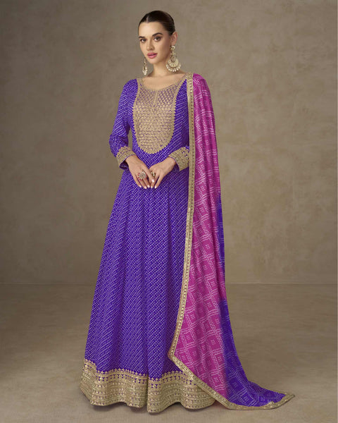 Blue Chinnon Women Readymade Anarkali Frock Suit With Pink Bandhni Dupatta