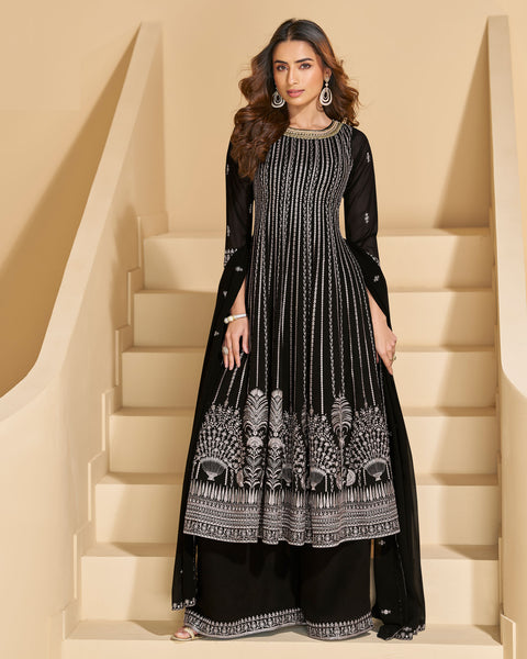 Black Faux Georgette Readymade Anarkali Palazzo Suit For Women