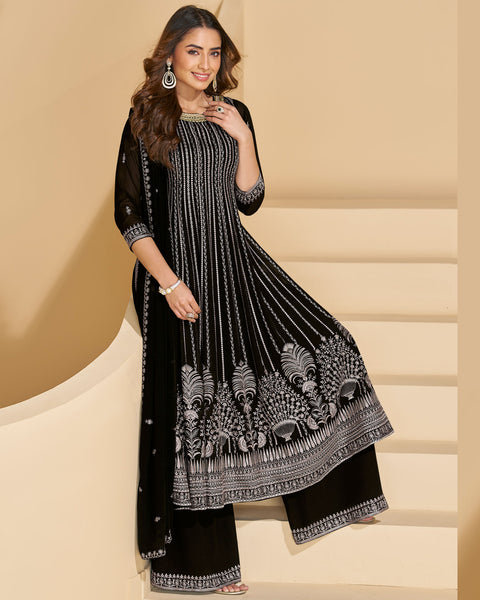 Black Faux Georgette Readymade Anarkali Palazzo Suit For Women