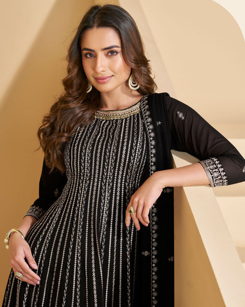 Black Faux Georgette Readymade Anarkali Palazzo Suit For Women
