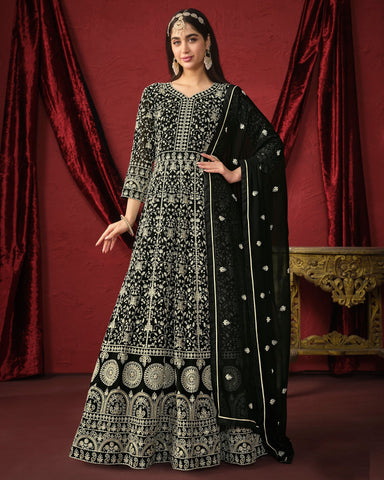 Black Faux Georgette Thread Work Floor Length Anarkali Suit With Dupatta