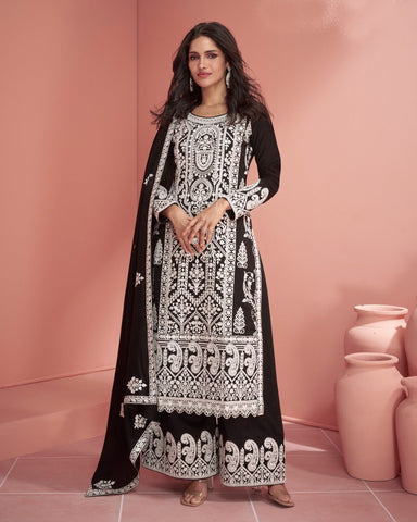 Black Silk Thread Work Palazzo Suit With Embroidered Black Dupatta