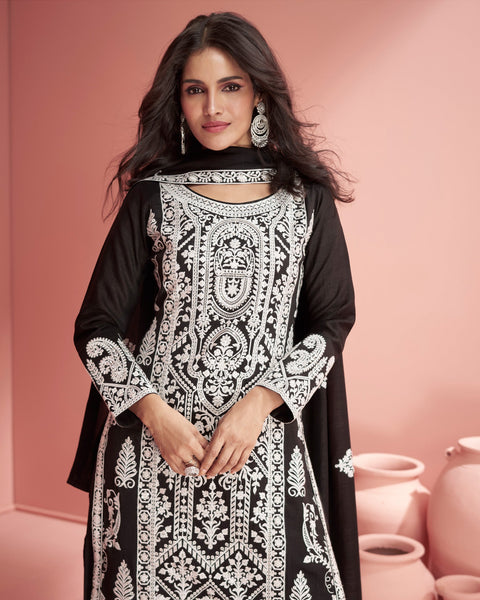 Black Silk Thread Work Palazzo Suit With Embroidered Black Dupatta