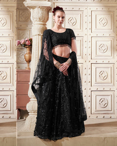 Black Net Sequins Floral PatchWork Customized Women Lehenga Choli With Embroidered Dupatta