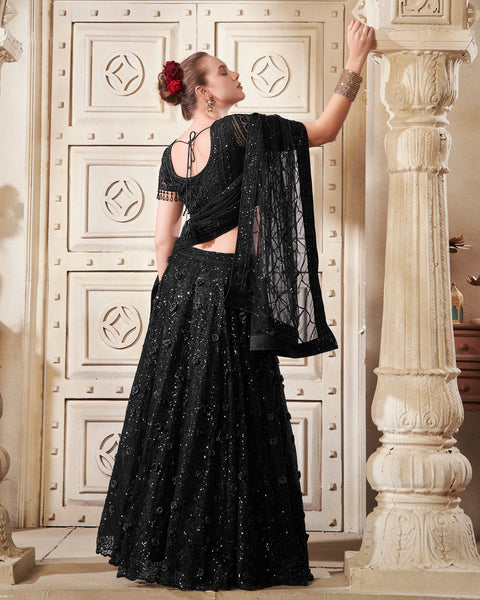 Black Net Sequins Floral PatchWork Customized Women Lehenga Choli With Embroidered Dupatta