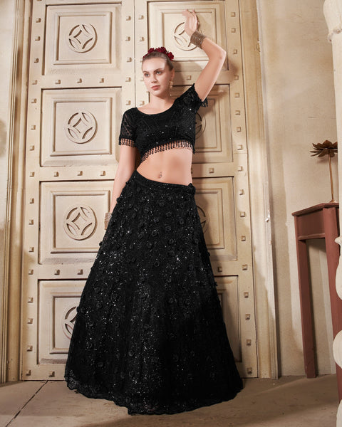 Black Net Sequins Floral PatchWork Customized Women Lehenga Choli With Embroidered Dupatta