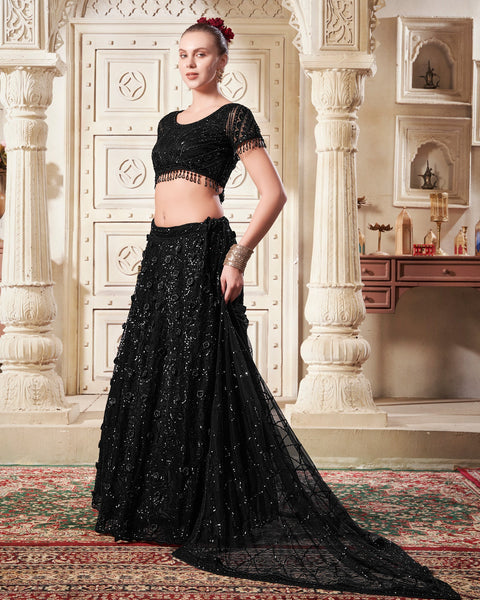 Black Net Sequins Floral PatchWork Customized Women Lehenga Choli With Embroidered Dupatta