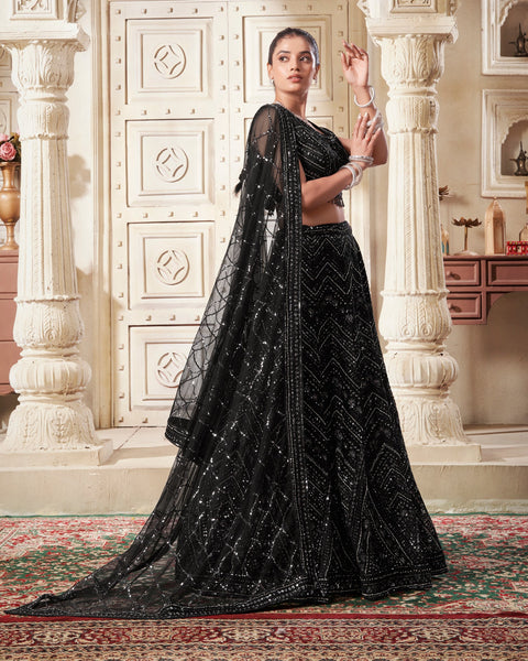 Black Net Sequins & Zarkan Customized Women Lehenga Choli With Embroidered Dupatta