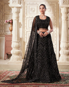 Black Net Sequins & Zarkan Customized Women Lehenga Choli With Embroidered Dupatta