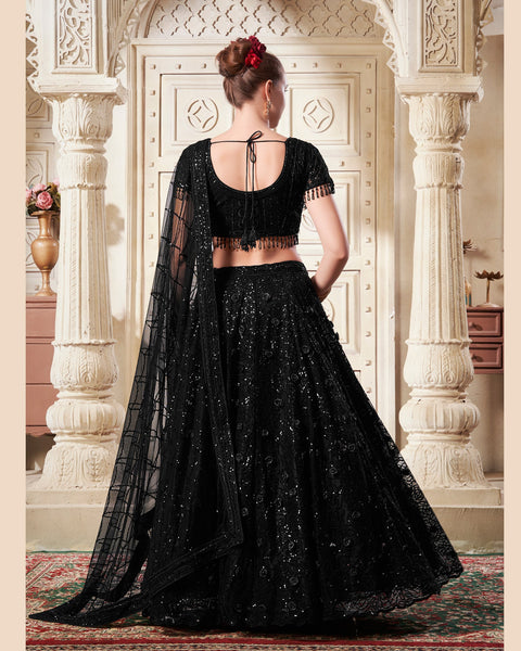 Black Net Sequins & Zarkan Customized Women Lehenga Choli With Embroidered Dupatta