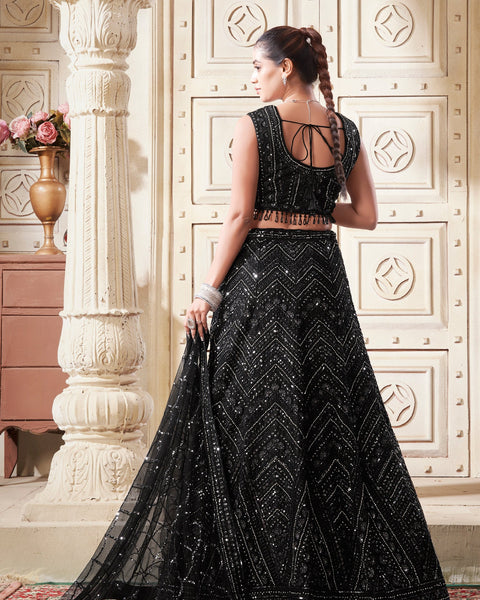 Black Net Sequins & Zarkan Customized Women Lehenga Choli With Embroidered Dupatta