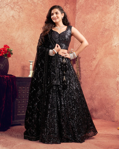 Black Net Sequins Work Customized Women Lehenga Choli With Embroidered Dupatta