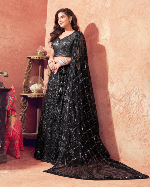 Black Net Sequins Work Customized Women Lehenga Choli With Embroidered Dupatta