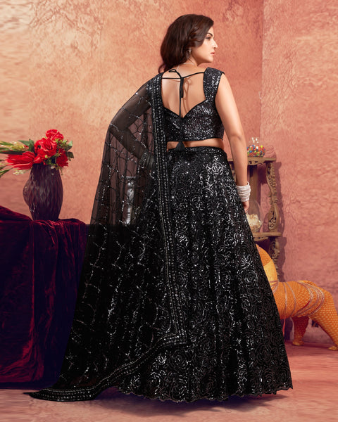 Black Net Sequins Work Customized Women Lehenga Choli With Embroidered Dupatta