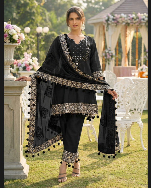 Black Readymade Mirror Work Silk Pant Suit For Woman With Net Dupatta