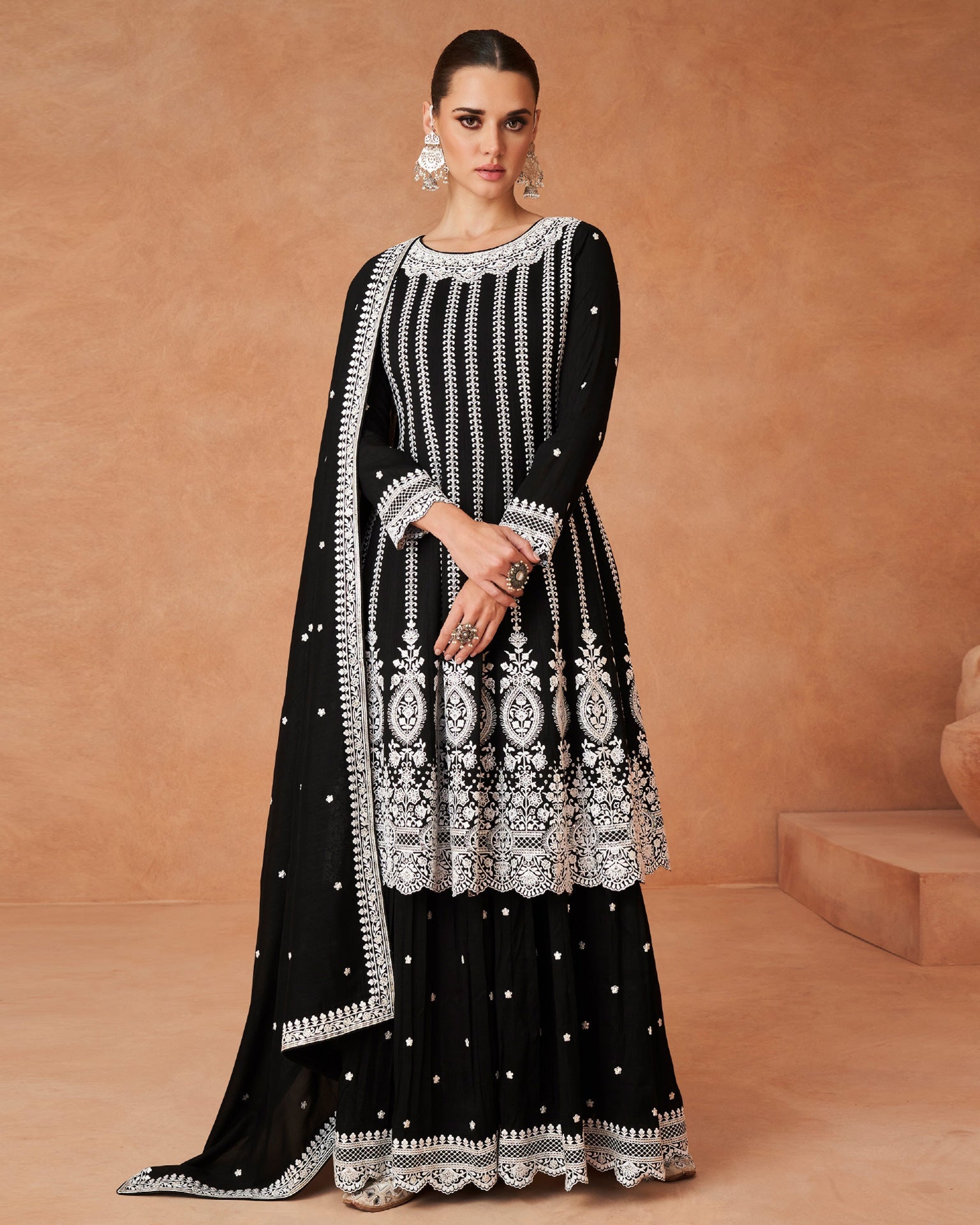 Black Silk Thread Work Frock Suit With Embroidered Black Palazzo