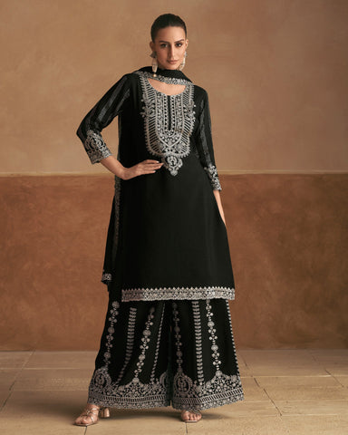 Black Women Readymade Chinnon Silk Thread Work Palazzo Suit With Chinnon Dupatta