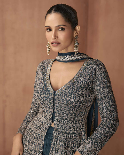 Navy Blue Readymade A-Line Palazzo Suit For Woman In Chinnon Silk