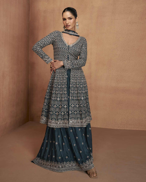 Navy Blue Readymade A-Line Palazzo Suit For Woman In Chinnon Silk