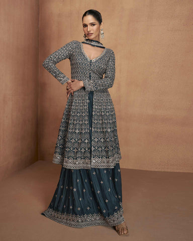Navy Blue Readymade A-Line Palazzo Suit For Woman In Chinnon Silk